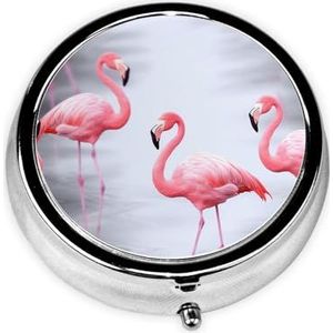 Mooie Roze Flamingo's Print Ronde Pillendoos Leuke Mini Metalen Pil Case Draagbare Reizen Pil Organizer met 3 Compartiment voor Pocket Portemonnee