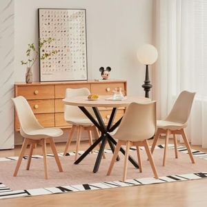 TOOSIS Set van 4 Scandinavische eetkamerstoelen, met kussen van PU-leer en poten van beukenhout, ergonomisch Scandinavisch design, voor slaapkamer, woonkamer, keuken en eetkamer (lichtbruin-4)