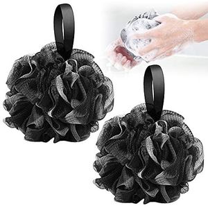 QSXX Zwarte badsponzen, 2 stuks zachte pluizige badsponzen mesh badbol voor vrouwen mannen peeling huid schoon kalmerende huid