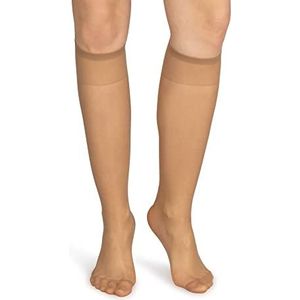 NOQ Kniekousen voor dames, effen, 15 den, casual stijl, drukvrij, semi-mat, transparant, kniekousen voor dames, met comfortabele top, twee paar, één maat, goud, One size