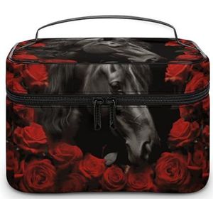 NWTRJ Zwart paard op een achtergrond van rode rozen reizen make-up tas draagbare waterdichte cosmetische tas PU lederen make-up borstel houder toilettas voor vrouwen dames, stijl, 25x18x15cm, Stijl,