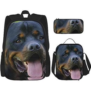 OUSIKA Rottweiler Print 3 stuks rugzak casual dagrugzak lunchbox etui combinatie set voor reizen, zwart, één maat, rugzak, casual, reizen, Zwart, Eén maat, Rugzak, casual, reizen