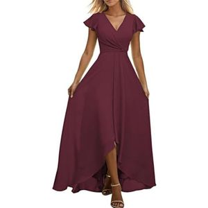 Vrouwen Korte Mouw Bruidsmeisje Jurk Chiffon V-hals Hoge Lage Formele Bruiloft Gast Jurk, Bordeaux, 56 NL/Plus