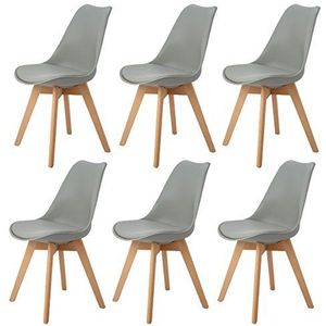 DORAFAIR Grijze eetkamerstoelen, set van 6, Britse accenten stoelen met kussen voor keuken of woonkamer, gelegenheidskaptafel stoel voor slaapkamer met gewatteerd ontwerp en 4 beukenhouten poten