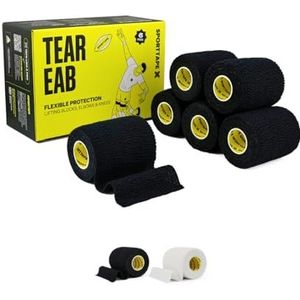 6 Rollen SPORTTAPE EAB 7,5 cm x 4,5 m - Zwart | Handafscheurbare elastische tape voor knie, elleboog, pols & rug | Rugby, krachttraining & medisch strapping