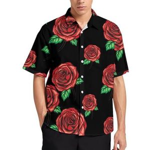 Rode roos bloem zomer heren shirts casual korte mouw button down blouse strand top met zak 2XL