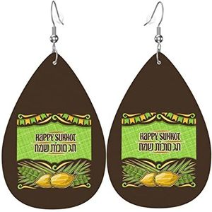 Oorbellen Gelukkig Sukkot Teardrop Lederen Oorbellen Lichtgewicht Dangle Oorbellen Mode Dangle Earring Voor Vrouwen Gift Accessoire, 3.8cm, Leer, Geen edelsteen