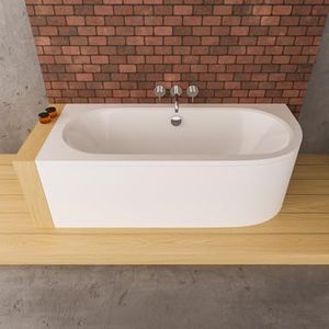 ECOLAM® Avita Badkuip, 160 x 75 cm, schort, kuip voor twee personen, hoekbad links + afvoergarnituur, automatische voeten + siliconen, complete set, acryl, wit