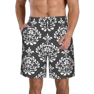 PHTZEZFC Damastpatroon print heren strandshorts zomer shorts met sneldrogende technologie, licht en casual, Wit, L