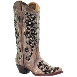 Lmtossey Retro diamant holle bloem westerse cowboy laarzen puntige teen hoge hak rijder laarzen grote vrouwen laarzen, Zwart bruin, 42.5 EU