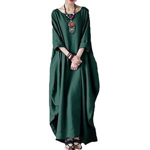 DSKK Elegante jurk voor dames, katoen, linnen, casual, voor dames, ronde hals, lange mouwen, jurk van linnen, maxi-jurk, grote maat, Groen, 5XL