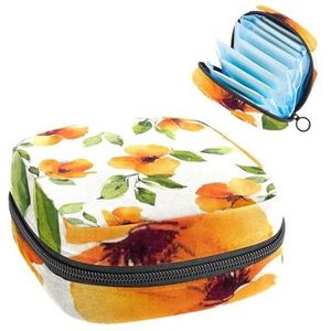 Opbergtas voor maandverband, schattige oranje bloemen groene bladeren draagbare menstruatie pad tas, inlegkruisjes tampons maandverband opslag houder voor vrouwen school kantoor