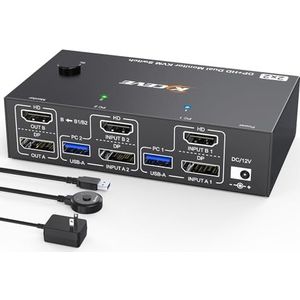4K@144Hz HDMI DisplayPort KVM Switch 2 PC 2 Monitoren 8K@60Hz, MLEEDA USB 3.0 Dual Monitor KVM Switches 2 PC Delen 2 Monitoren en 4 USB Poorten, met Kabelcontroller, 12V Voeding, 2*USB 3.0 Kable