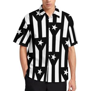 Puerto Rico Vlag Zwart-wit Zomer Heren Shirts Casual Korte Mouw Button Down Blouse Strand Top met Pocket 3XL