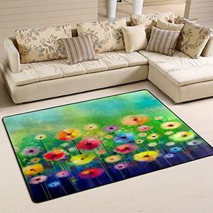 Vloerkleed 100 x 150 cm, hallo lente aquarel kleurrijke bloem flanellen mat wasbaar woonkamertapijt groot vloerkleed, voor achtertuin, kinderkamer