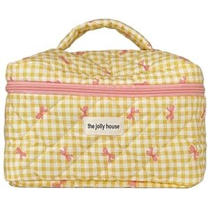 Geruite schattige cosmetische tas met rits make-up organizer opbergtas katoen gewatteerde cosmetische organizer tas voor vrouwen en meisjes, Geel, L, esthetische/bloemen