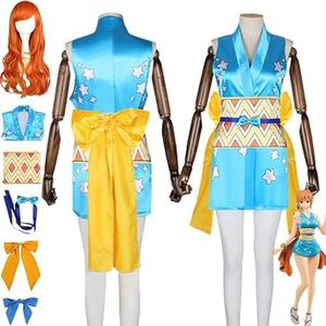Anime eendelig Wano Country Nami cosplay kostuum met pruiken voor vrouwen meisjes, rollenspel, uniforme jurken, pruik hoofdtooi, volledige set Halloween-feestverkleedpak, blauw, M