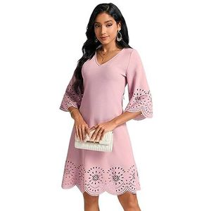 jurken voor dames Lasergesneden jurk met uitlopende mouwen in babyroze, casual A-lijn knielange jurk met V-hals en driekwartmouwen (Color : Baby Pink, Size : Small)
