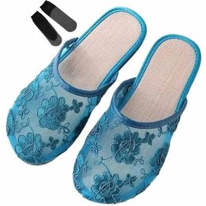 Chinese mesh pantoffels for dames, bloemen ademende mesh Chinese sandaalpantoffels for dames(Color:Blue,Size:35 EU)