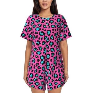 YJxoZH Leuke Turquoise Luipaard Print Womens Zomer Pyjama Sets Nachtkleding Dames Korte Mouw Nachtkleding Pjs Lounge Met Zakken, Zwart, XXL