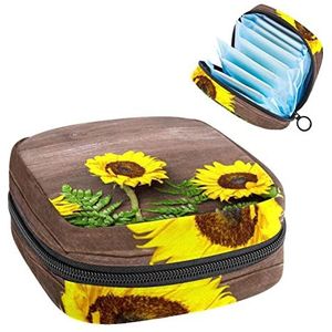Maandverband Opbergtas, Periode Kit Bag voor School, Menstruatie Cup Pouch, Maandverband Pads Organizer Bag, Zonnebloemen Varenbladeren op houten textuur achtergrond