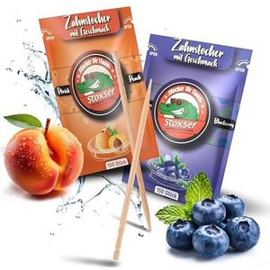 Stoxser 300 x tandenstokers met smaak, verpakking van 2 stuks, perzik en bosbessen, smaakrevolutie, geen kauwgom, ondersteunt tandpasta, tandsteenverwijderaar, tandzijde, suikervrij