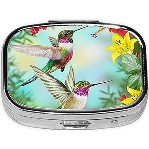 Mini vierkante pillendoos, medicijnorganizer, kolibries, rode bloem, hibiscus, draagbare EHBO-doos, reispillendoos met 2 vakken, kleine pillendoos voor zak of portemonnee