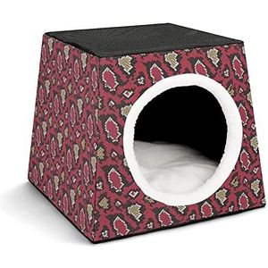 Kubusvorm Kattenhuis Kattenbed Decoratief Huisdier Huis Kattengrot met Uitneembaar Kussen Slangenleer Rood