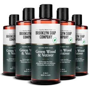 Brooklyn Soap Company Green Wood & Vetiver Body Wash 5-pack - 2-in-1 douchegel voor mannen voor huid en haar - douchegel voordeelverpakking voor heren