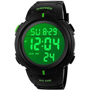 Digitaal herenhorloge, 50 m waterdicht, vrije tijd, outdoor polshorloge met wekker, stopwatch, werkt met led, digitale horloges voor mannen., groen, Riemen.