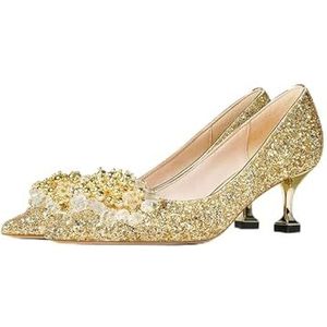 TABKER Sandalen met hakken dames hoge hakken pailletten doek goud kristal parel puntige teen hoge hakken bruiloft feest dames schoenen maat (kleur: goud, maat: 46)