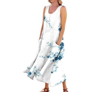 HHuiXinXue Maxi-jurk voor dames, casual, U-hals, mouwloos, zomerjurk, bloemenprint, strandjurk met zakken, Kleur-2, M