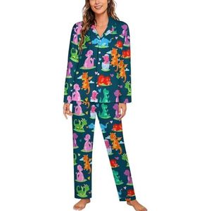Kleurrijke Leuke Draken Lange Mouw Pyjama Sets Voor Vrouwen Klassieke Nachtkleding Nachtkleding Zachte Pjs Lounge Sets