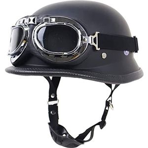 Vintage Duitse stijl half shell helm open gezicht helm met bril cruiser chopper scooter brommer jet helm DOT ECE goedgekeurd,MatteBlack-XL=（61~62cm）