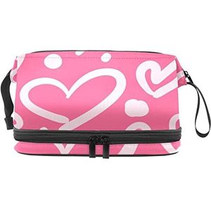 Grote capaciteit reizen cosmetische tas,witte hart roze achtergrond, make-up tas,Waterdichte make-up tas organisator, Meerkleurig, 27x15x14 cm/10.6x5.9x5.5 in
