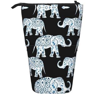 Nbtghga Olifant-Blauw Zwart Print Potlood Telescopische Klassieke Kunst Stand Up Etui Organizer Potlood Houder Make-up Tas Gift, Zwart, Eén maat