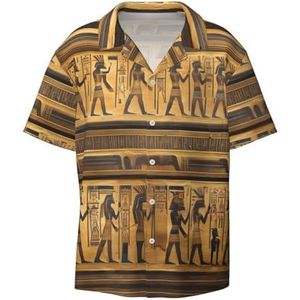 OdDdot Egypte hiërogliefen print herenoverhemden atletisch slim fit korte mouw casual zakelijke overhemd met knopen, Zwart, M