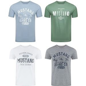 MUSTANG Heren T-shirt 4-pack frontprint O-hals ronde hals korte mouwen Regular Tee Shirt 100% katoen Zwart Wit Grijs Blauw Groen, Kleurmix (P22), XL