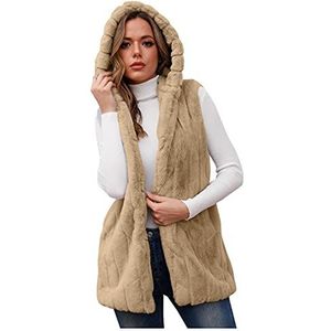 Faux Fur Gilet voor Vrouwen Hooded Mid-Lange Mouwloze Warmer Pluizige Vest Dames Bodywarmer Zachte Gilets Jas KaloryWee, Beige, XXL