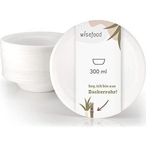 wisefood Suikerrietschaal, 50 stuks, wegwerp soepkommen rond wit, 300 ml, wegwerp kartonnen schaal, ideaal voor friet of salade, biologisch afbreekbaar suikerriet, servies zonder PLA/PE