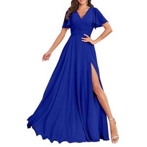 Chiffon bruidsmeisjesjurken voor dames, met split, lange baljurken, cocktailjurken, grote maten, koningsblauw, 32