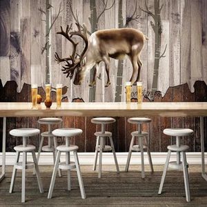 YOZYOOOZ Europees retro houten plank dier eland 3D muurschildering scheur en plak zelfklevend behang geschikt voor slaapkamer kantoor decoratie