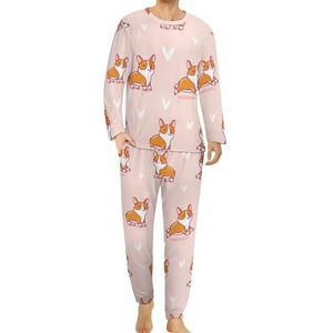 Leuke Corgi Huisdier Comfortabele Heren Pyjama Set Ronde Hals Lange Mouw Loungewear met Zakken 6XL