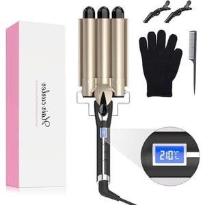 Golvenkrultang 25MM, AIMERVO MERMAID BEACHY WAVES Pro Krultang Toermalijn Keramisch Glazuur, 14 Temperatuurinstellingen 80°C-210°C LCD Scherm, 30 Seconden Snelle Opwarming, met Handschoen, Haar Clips