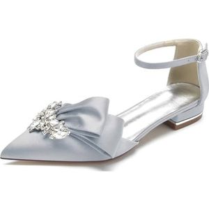 JOEupin Dames puntige teen kristal trouwschoenen voor bruid platte steentjes bruids flats avond prom party jurk schoenen pumps, zilver, 37.5 EU