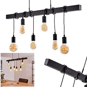 Hanglamp Barbengo, hanglamp van hout/metaal in zwart, 6 x E27 fitting, hoogte 74 cm, vintage hanglamp in retro stijl, kabels aan het hout naar wens verstelbaar, lampen niet inbegrepen