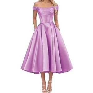 AHERKLL Thee Lengte Bruidsmeisjes Jurken voor Junioren Off Shoulder Satijn Avond Cocktail Party Maxi Jurk met Zak HAH050, Lila, 32