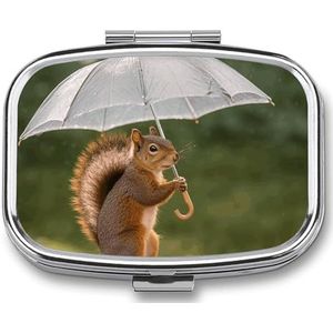 Eekhoorn Hold A Umbrellas Pillenetui met 2 compartimenten, pillenorganizer, draagbare vierkante pillendoos, vitaminepillenorganizer voor zakportemonnee en reizen
