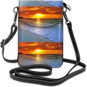 Strand Met Zonsondergang Lederen Cross Body Flip Telefoon Tas Met Afneembare Schouderbanden, Gebruikt Voor Reizen, Dating, Vakantie Geschenken, Zwart, Eén maat