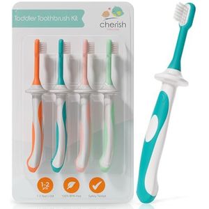 Cherish Baby Care Tandenborstelset voor baby's, 12 maanden (4 stuks), tandenborstel voor kinderen, BPA-vrij en getest op veiligheid, ontworpen door kindertandarts, tandenborstels 1 tot 2 jaar